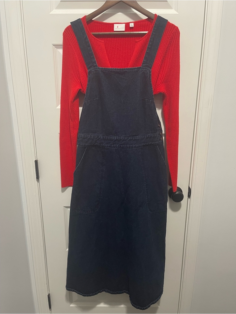 Free People Denim Dress + Anthropologie Red Sweater Outfit – Size 6/M